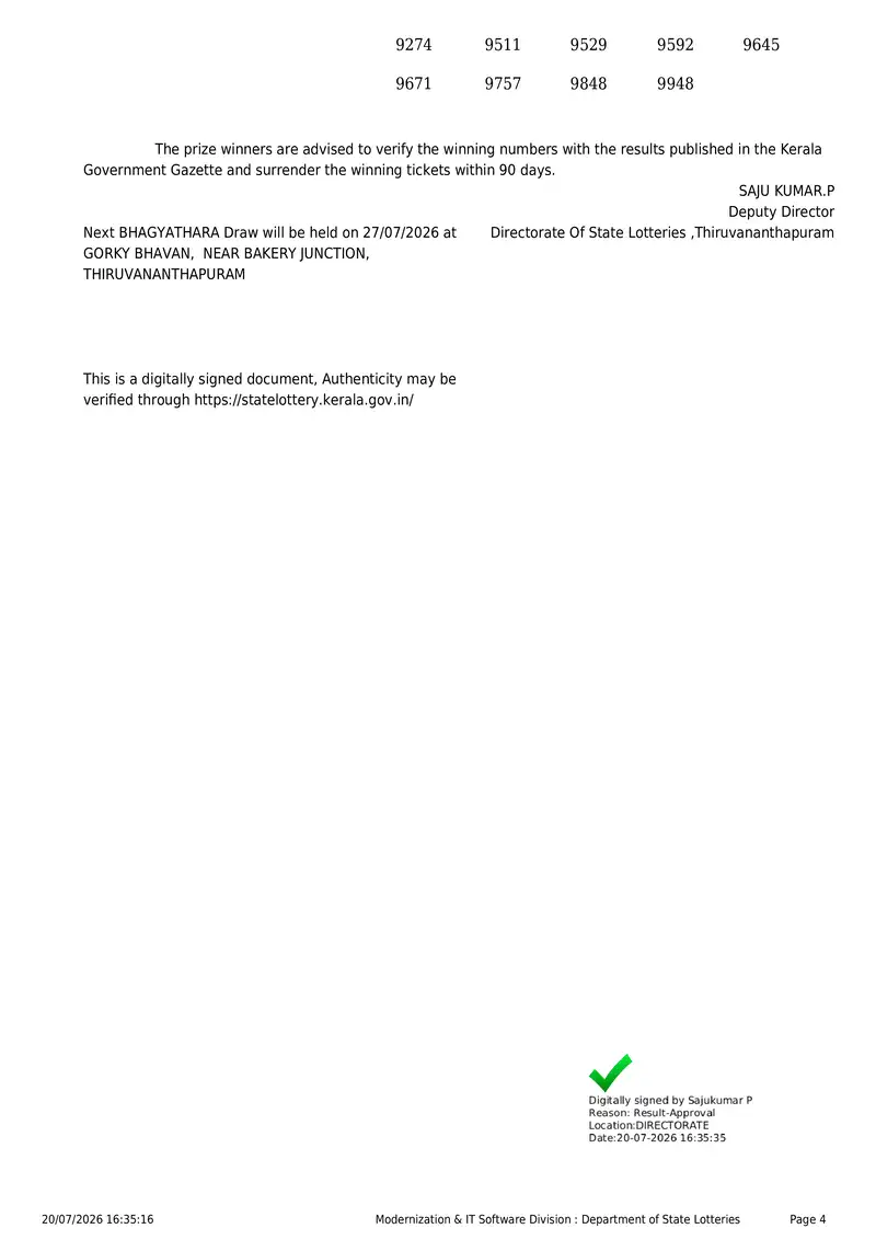 Kerala State Lottery Result 20 July 2026 Page 4