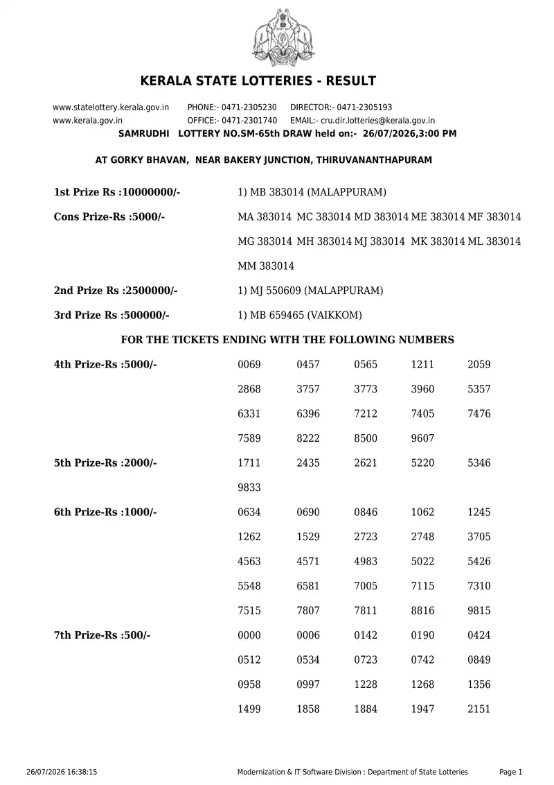 Kerala State Lottery Result 26 July 2026 Page 1