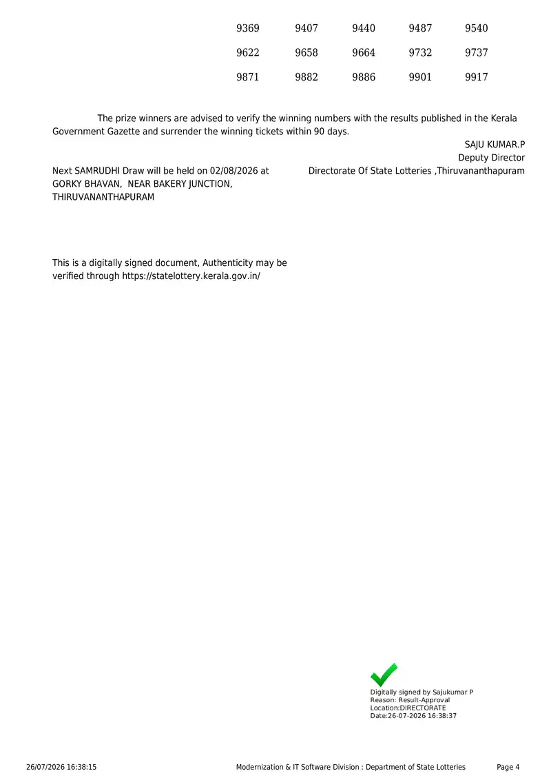 Kerala State Lottery Result 26 July 2026 Page 4