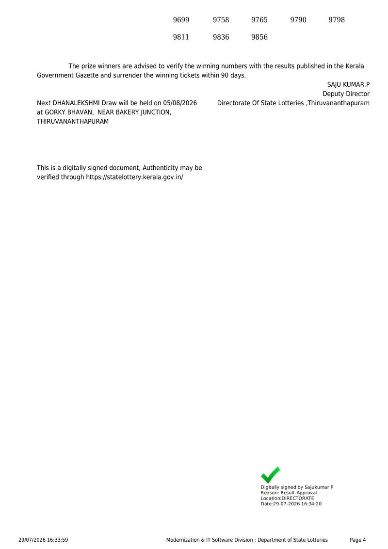 Kerala State Lottery Result 29 July 2026 Page 4