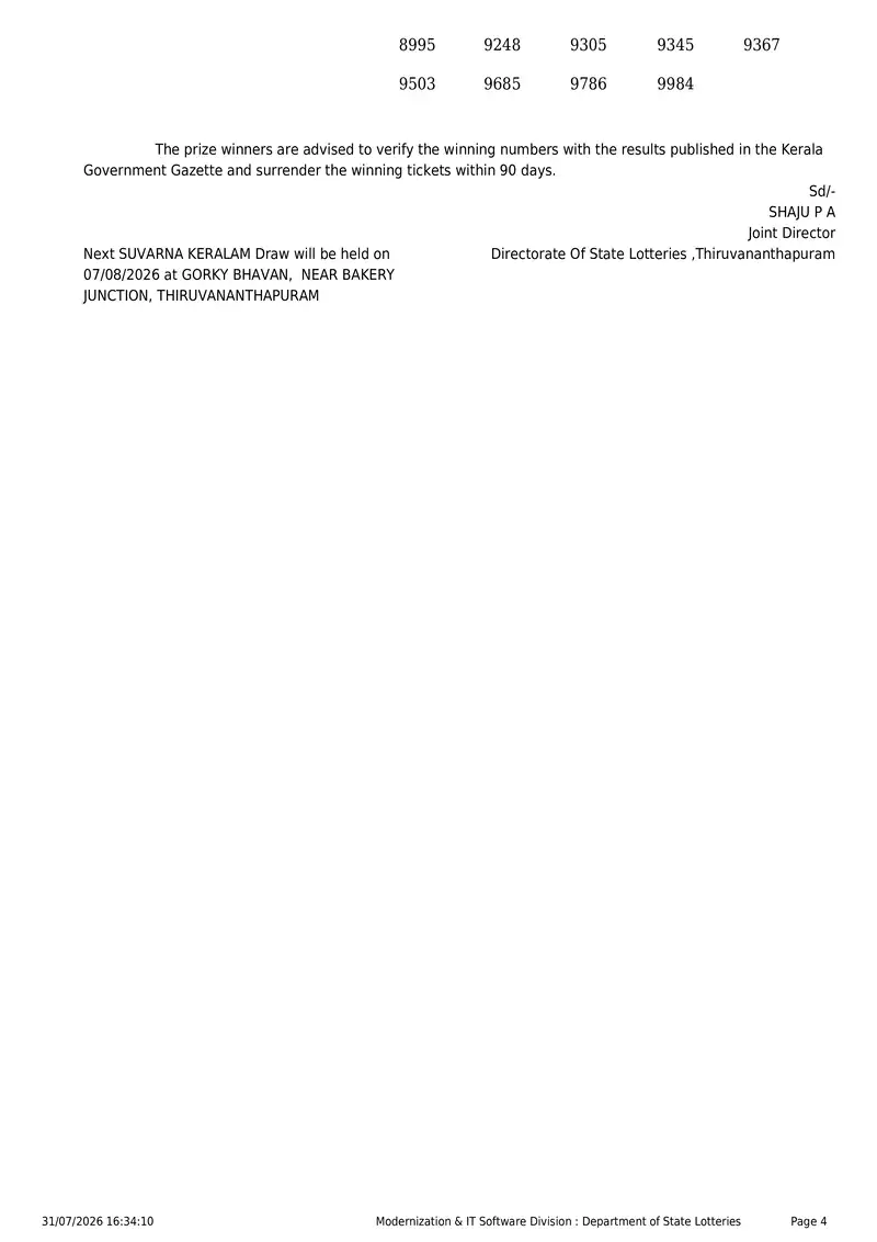 Kerala State Lottery Result 31 July 2026 Page 4