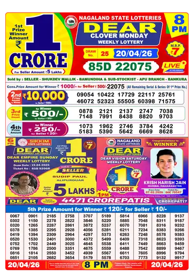 Lottery Sambad 8PM Result 20 April 2026 - Mobile