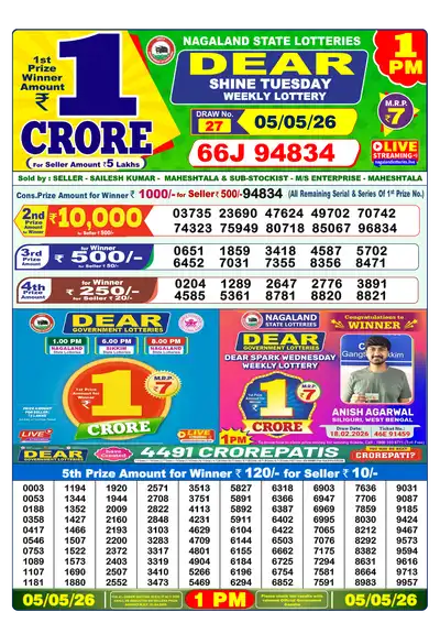 Lottery Sambad 1PM Result 05 May 2026 - Mobile