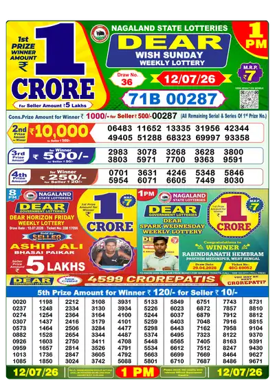Lottery Sambad 1PM Result 12 July 2026 - Mobile