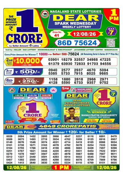 Lottery Sambad 1PM Result 12 August 2026 - Mobile