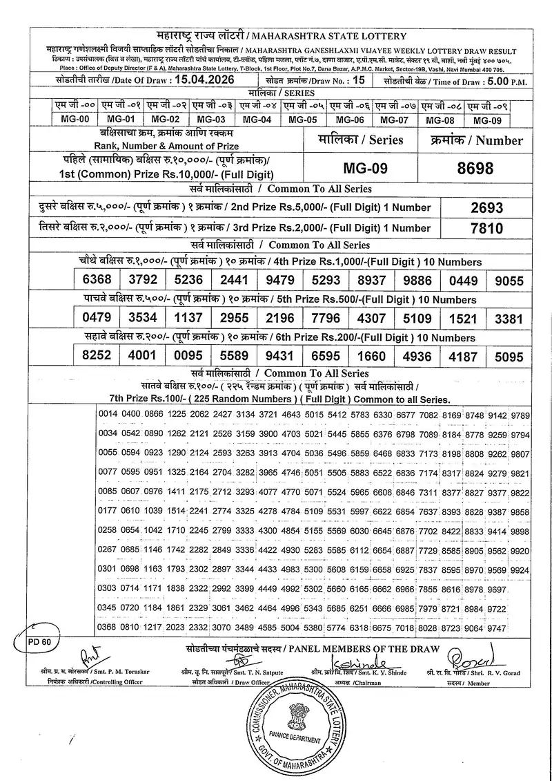 Maharashtra Ganeshlaxmi Vijayee Weekly Draw Result 15 April 2026