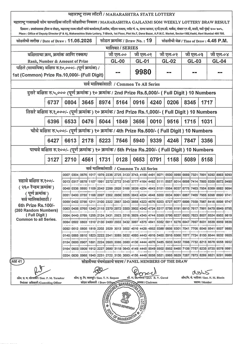Maharashtra Gajlaxmi Som Weekly Draw Result 11 May 2026