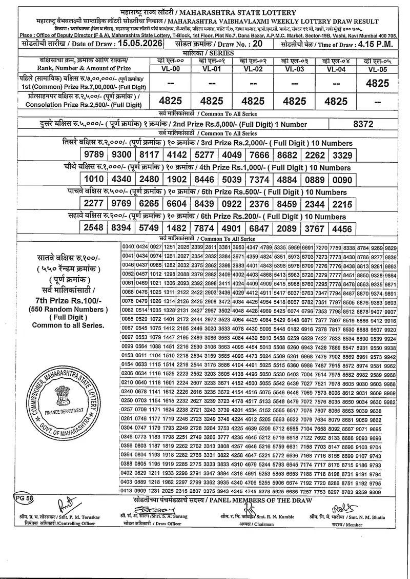 Maharashtra Vaibhavlaxmi Weekly Draw Result 15 May 2026