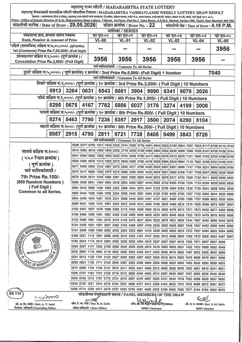 Maharashtra Vaibhavlaxmi Weekly Draw Result 29 May 2026