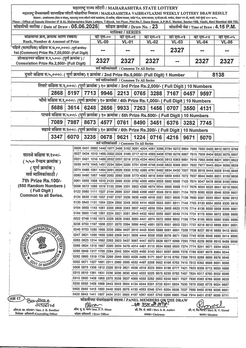 Maharashtra Vaibhavlaxmi Weekly Draw Result 05 June 2026