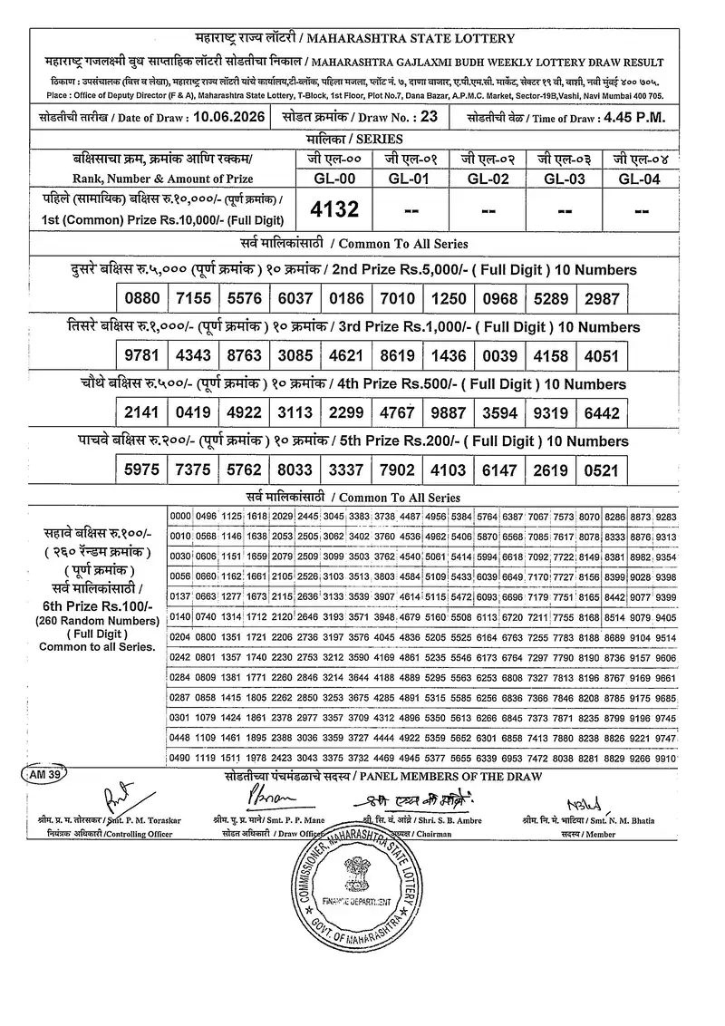 Maharashtra Gajlaxmi Budh Weekly Draw Result 10 June 2026
