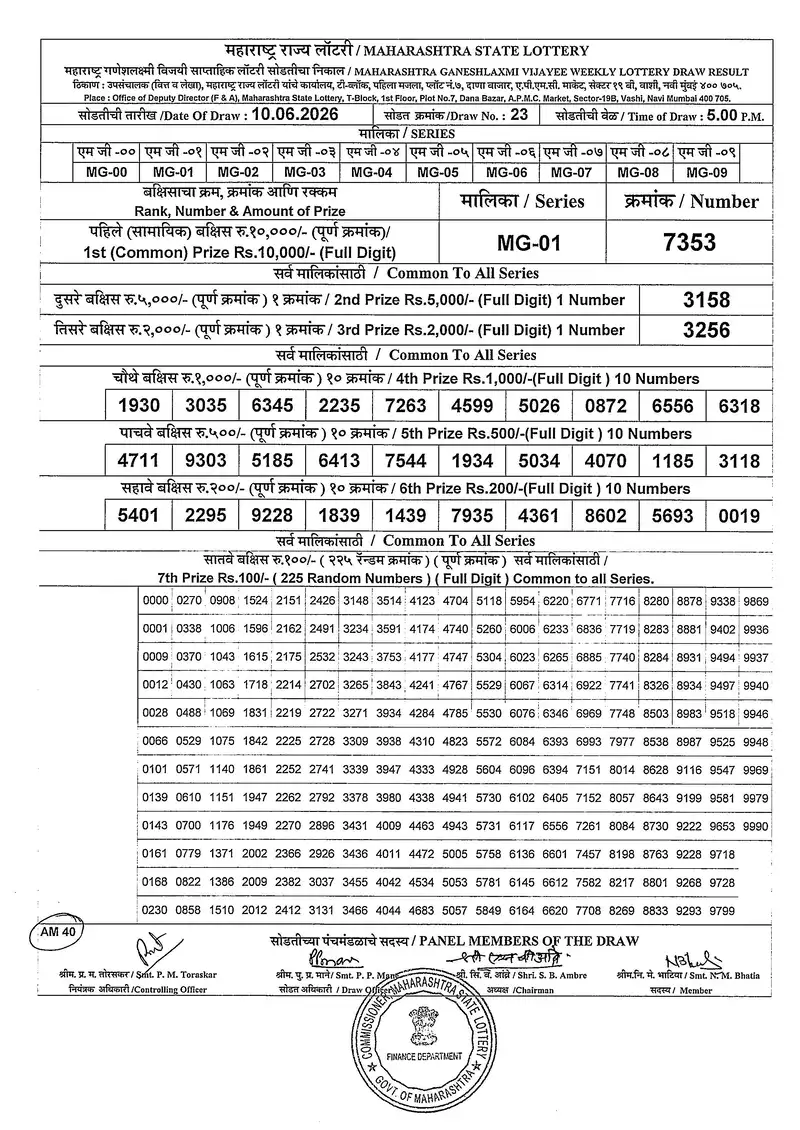 Maharashtra Ganeshlaxmi Vijayee Weekly Draw Result 10 June 2026