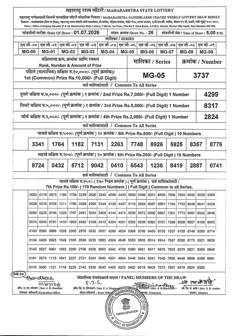 Maharashtra Ganeshlaxmi Vijayee Weekly Draw Result 01 July 2026