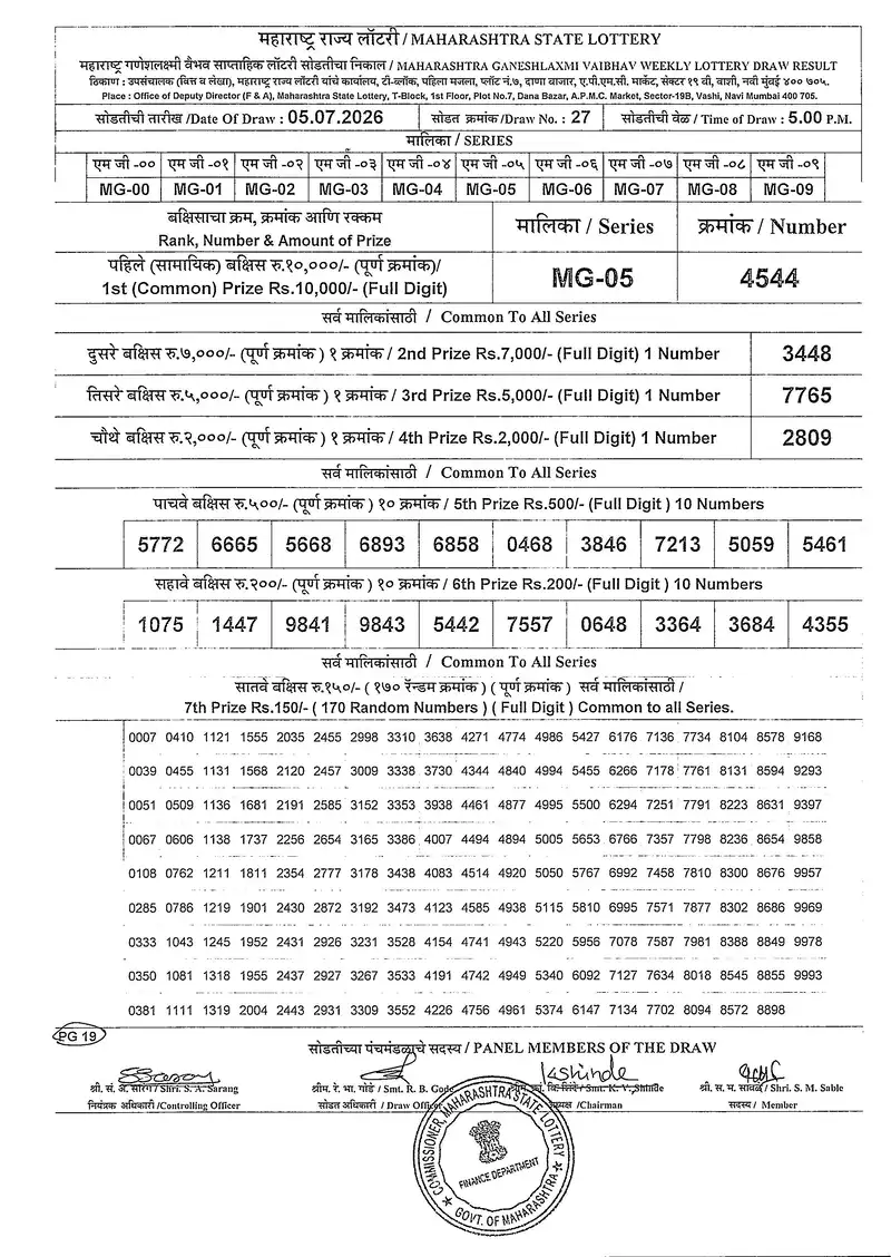Maharashtra Ganeshlaxmi Vaibhav Weekly Draw Result 05 July 2026