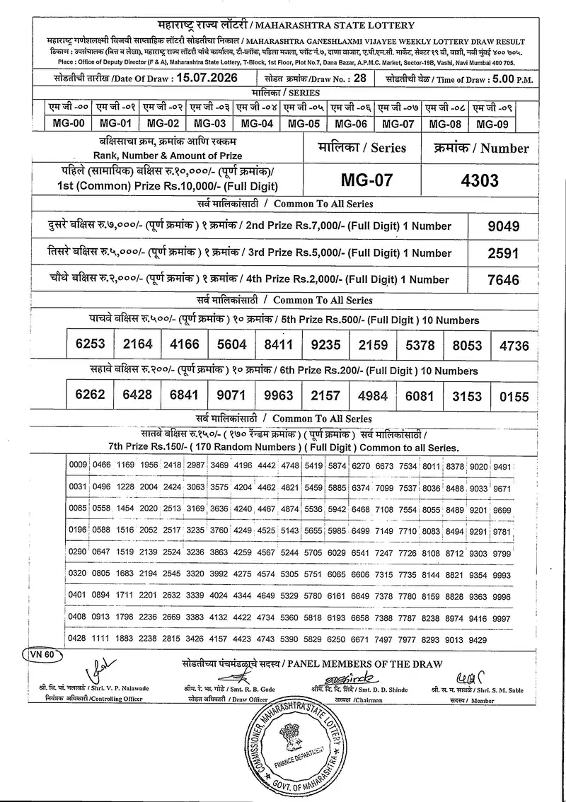 Maharashtra Ganeshlaxmi Vijayee Weekly Draw Result 15 July 2026
