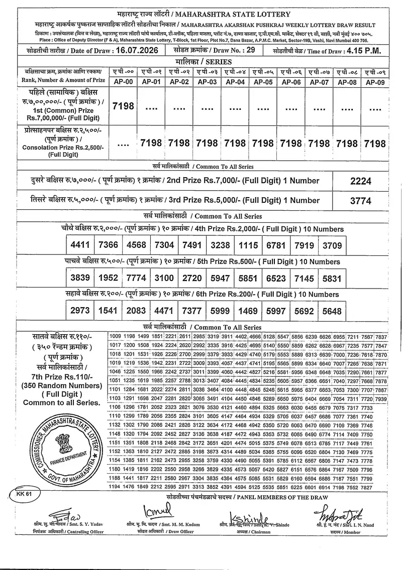 Maharashtra Akarshak Pushkaraj Weekly Draw Result 16 July 2026