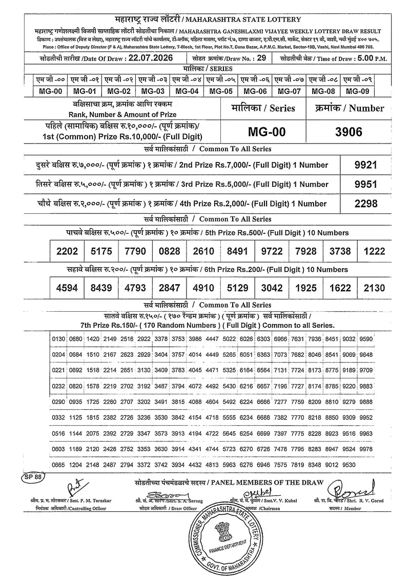 Maharashtra Ganeshlaxmi Vijayee Weekly Draw Result 22 July 2026