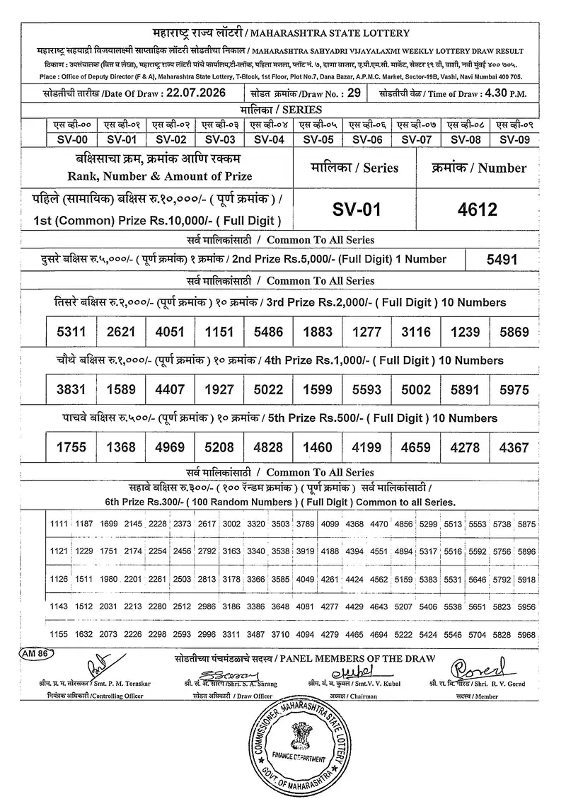 Maharashtra Sahyadri Vijayalaxmi  Weekly Draw Result 22 July 2026