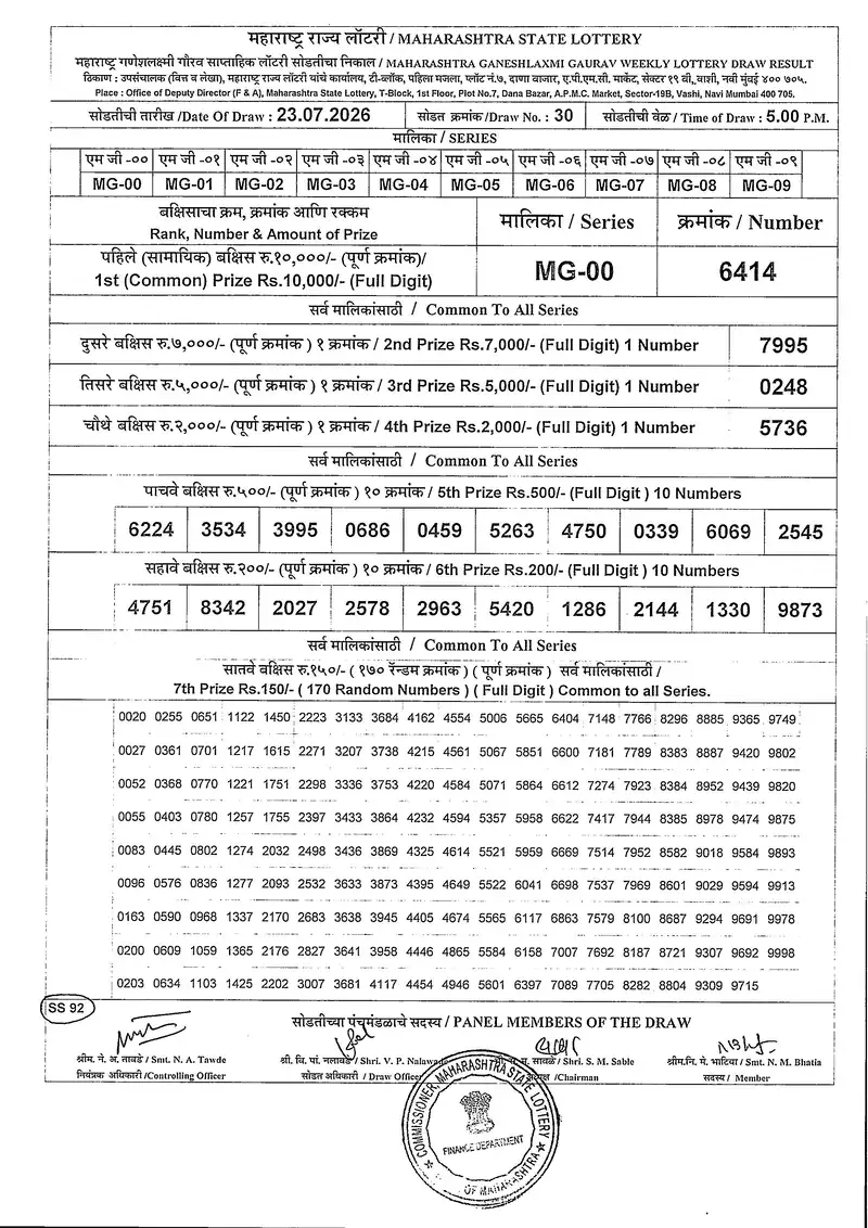 Maharashtra Ganeshlaxmi Gaurav Weekly Draw 23 July 2026