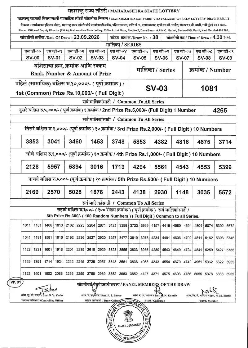 Maharashtra Sahyadri Vijayalaxmi  Weekly Draw Result 23 September 2026