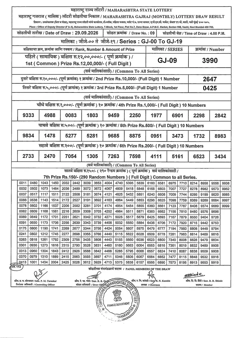 Maharashtra Gajraj  Monthly Draw 29 September 2026