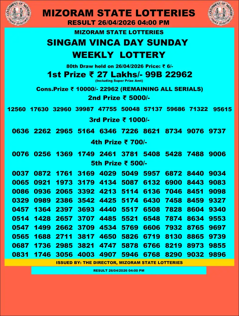 Singam Vinca Day Result 26 April 2026