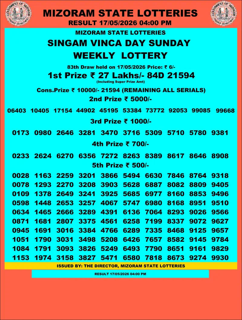 Singam Vinca Day Result 17 May 2026