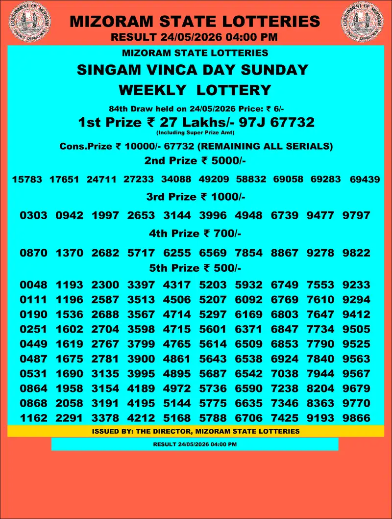 Singam Vinca Day Result 24 May 2026