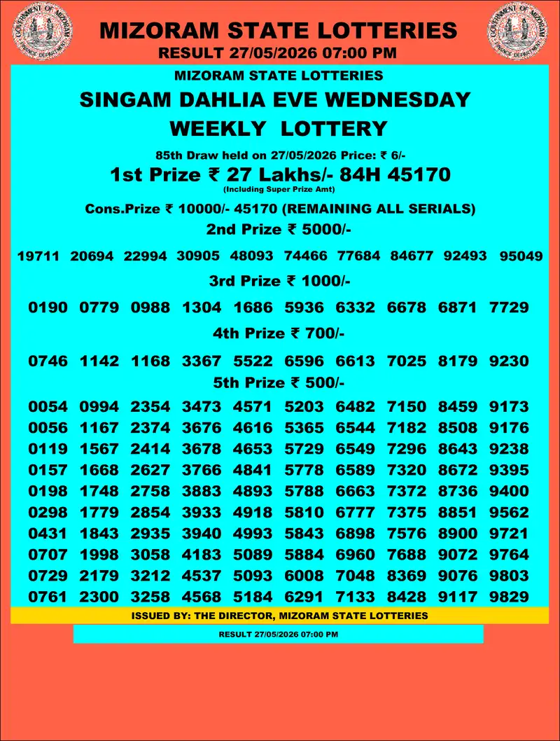 Singam Dahlia Eve Result 27 May 2026