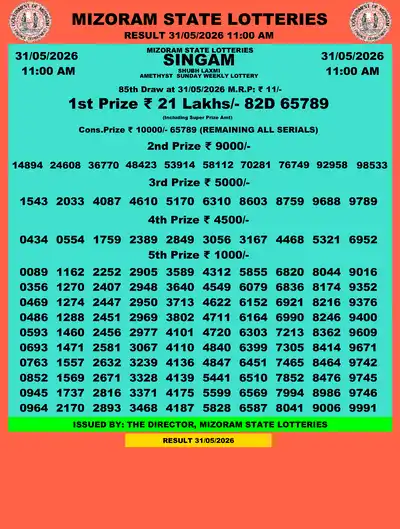 Singam Amethyst Shubh Laxmi Result 31 May 2026