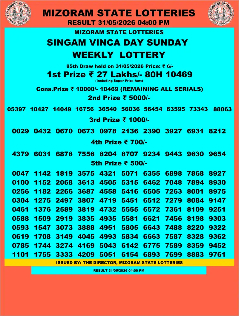 Singam Vinca Day Result 31 May 2026