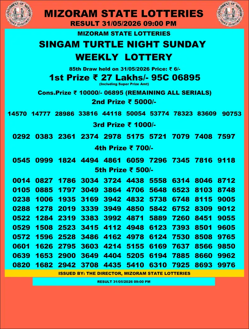 Singam Turtle Night Result 31 May 2026