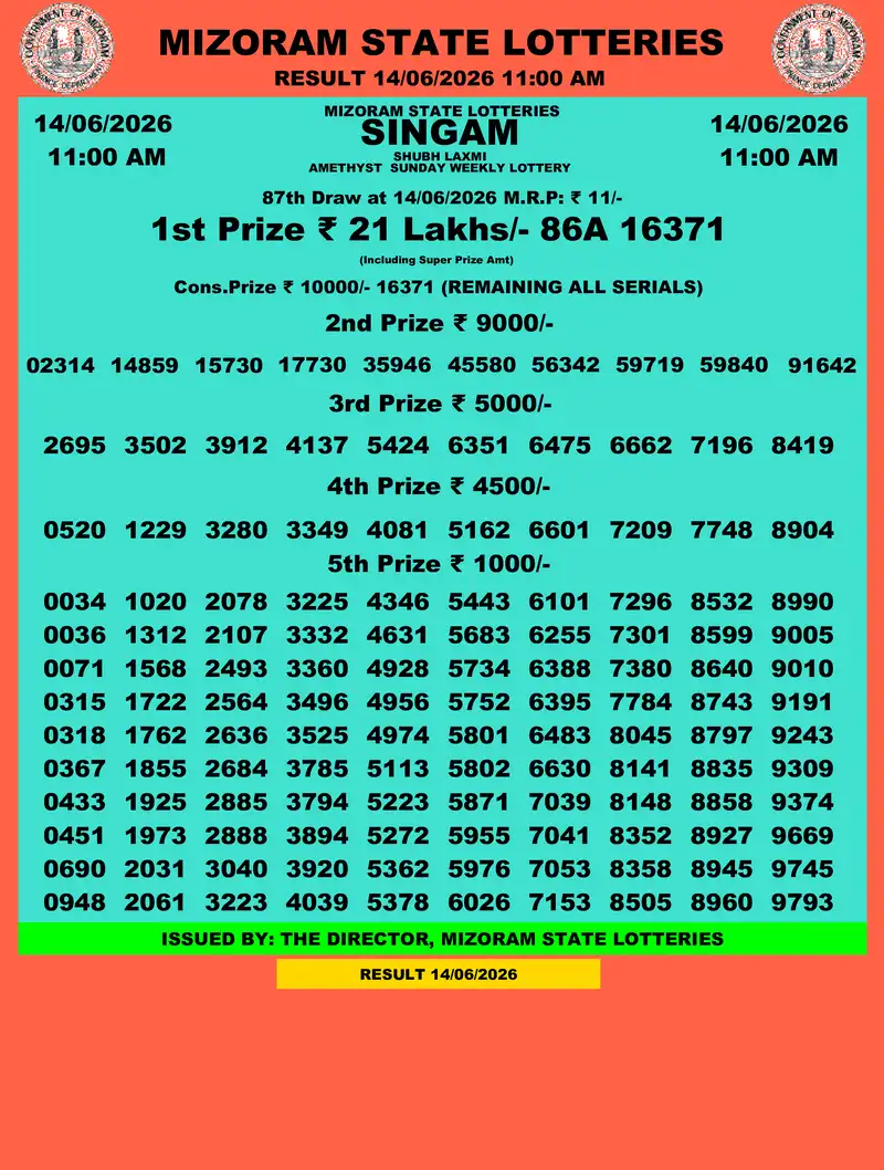 Singam Amethyst Shubh Laxmi Result 14 June 2026