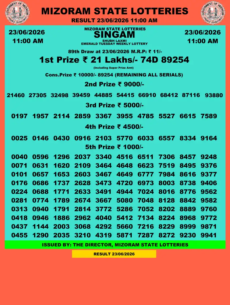 Singam Emerald Shubh Laxmi Result 23 June 2026
