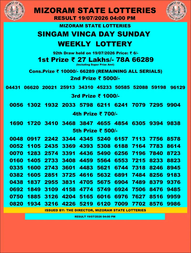 Singam Vinca Day Result 19 July 2026