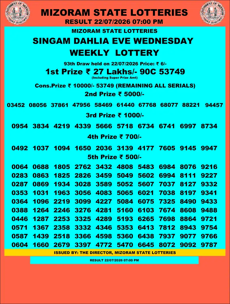 Singam Dahlia Eve Result 22 July 2026