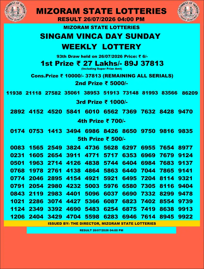 Singam Vinca Day Result 26 July 2026