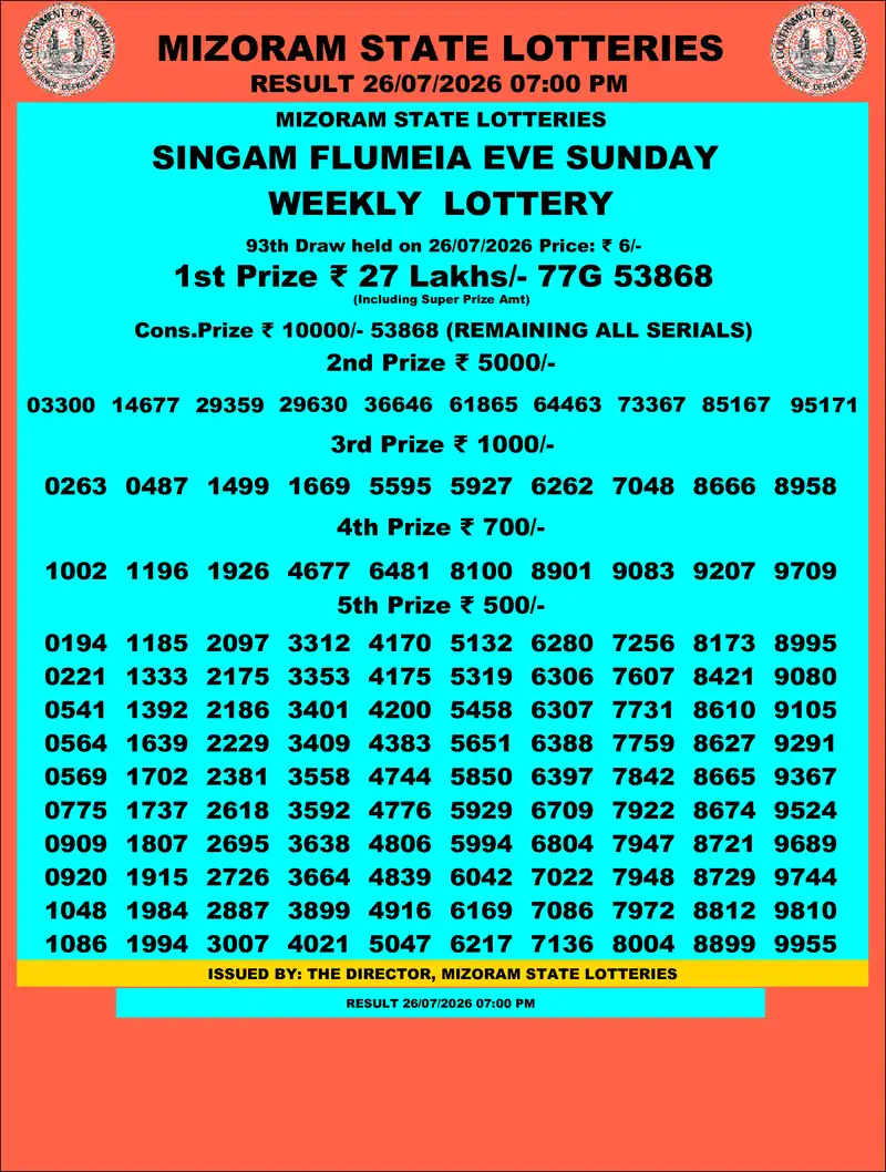 Singam Flumeia Eve Result 26 July 2026