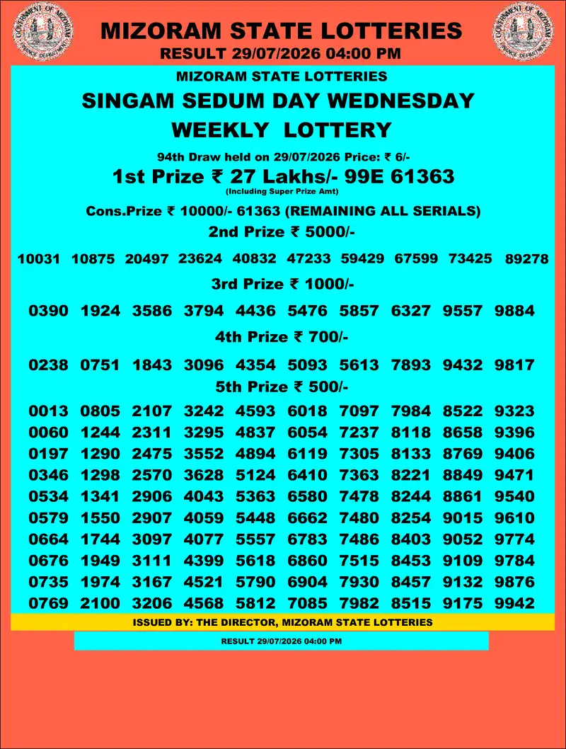 Singam Sedum Day Result 29 July 2026