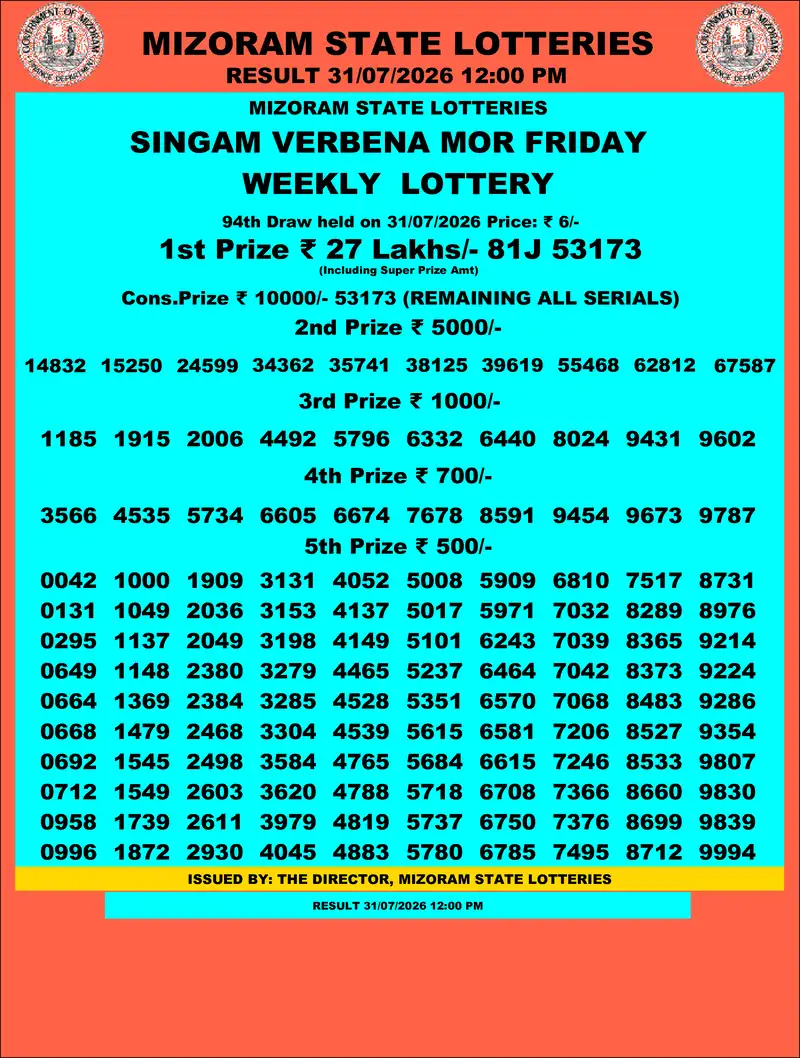 Singam Verbena Mor Result 31 July 2026