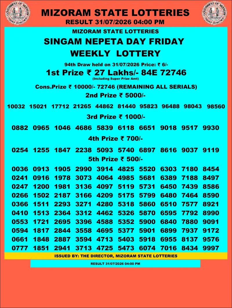 Singam Nepeta Day Result 31 July 2026