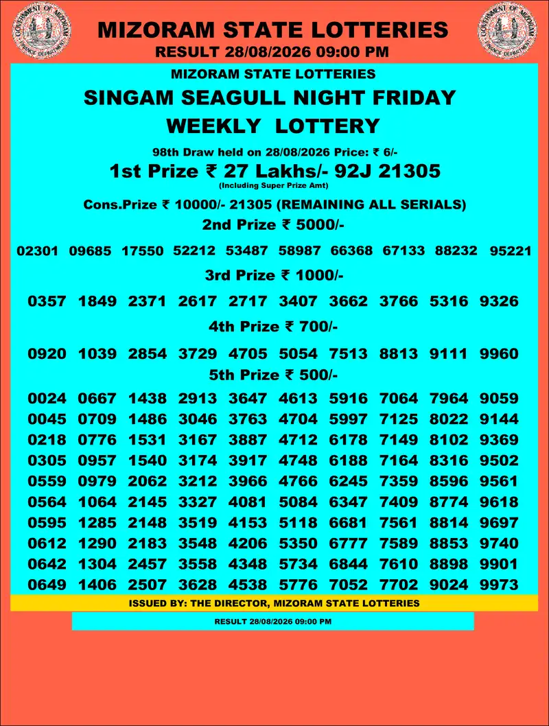 Singam Seagull Night Result 28 August 2026