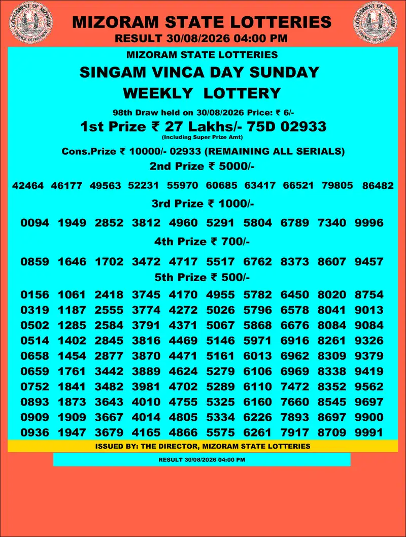 Singam Vinca Day Result 30 August 2026