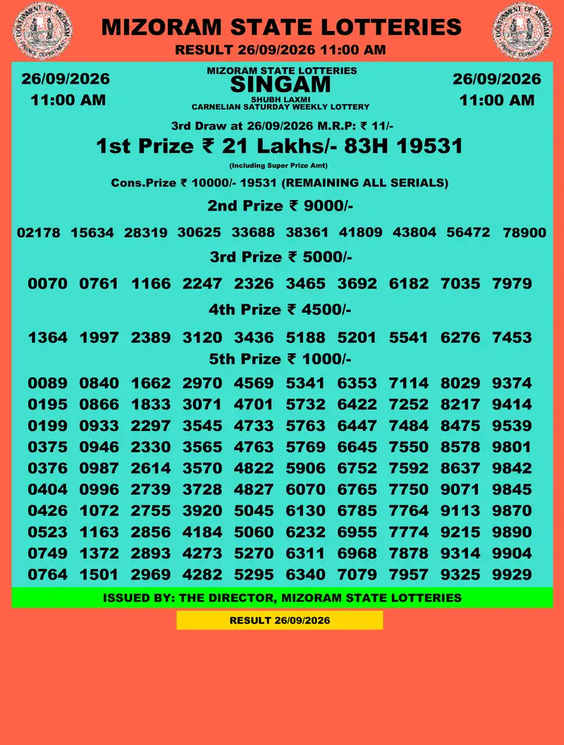 Singam Carnelian Shubh Laxmi Result 26 September 2026