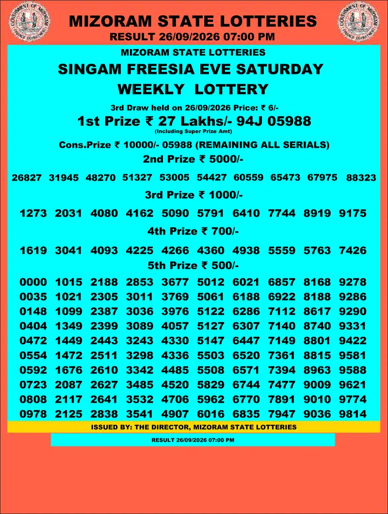 Singam Freesia Eve Result 26 September 2026