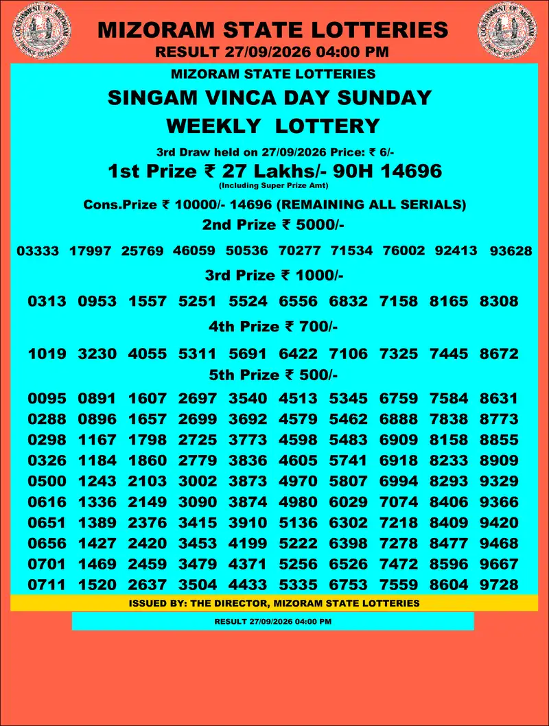 Singam Vinca Day Result 27 September 2026