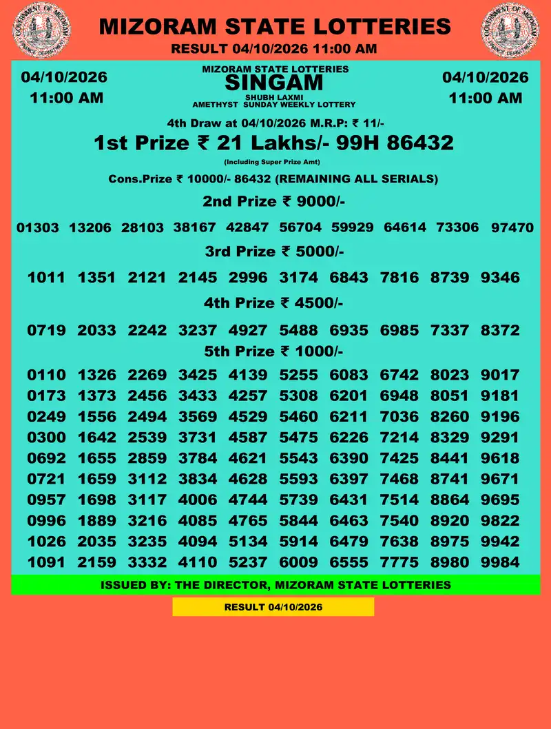 Singam Amethyst Shubh Laxmi Result 04 October 2026