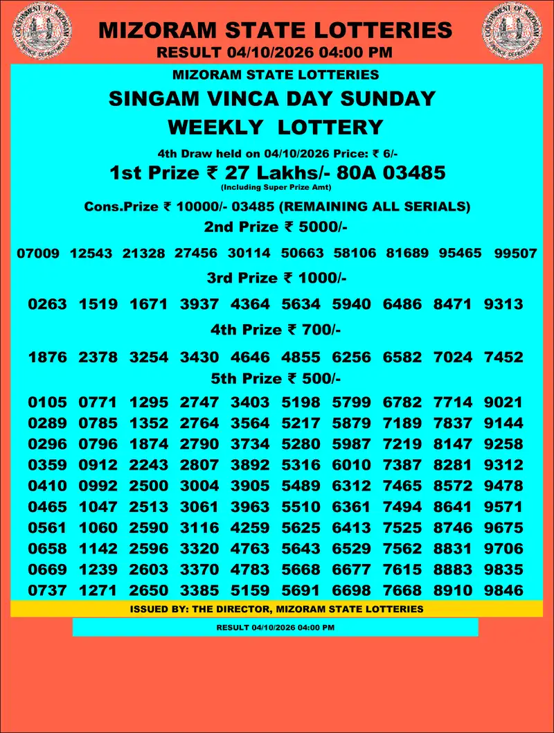 Singam Vinca Day Result 04 October 2026