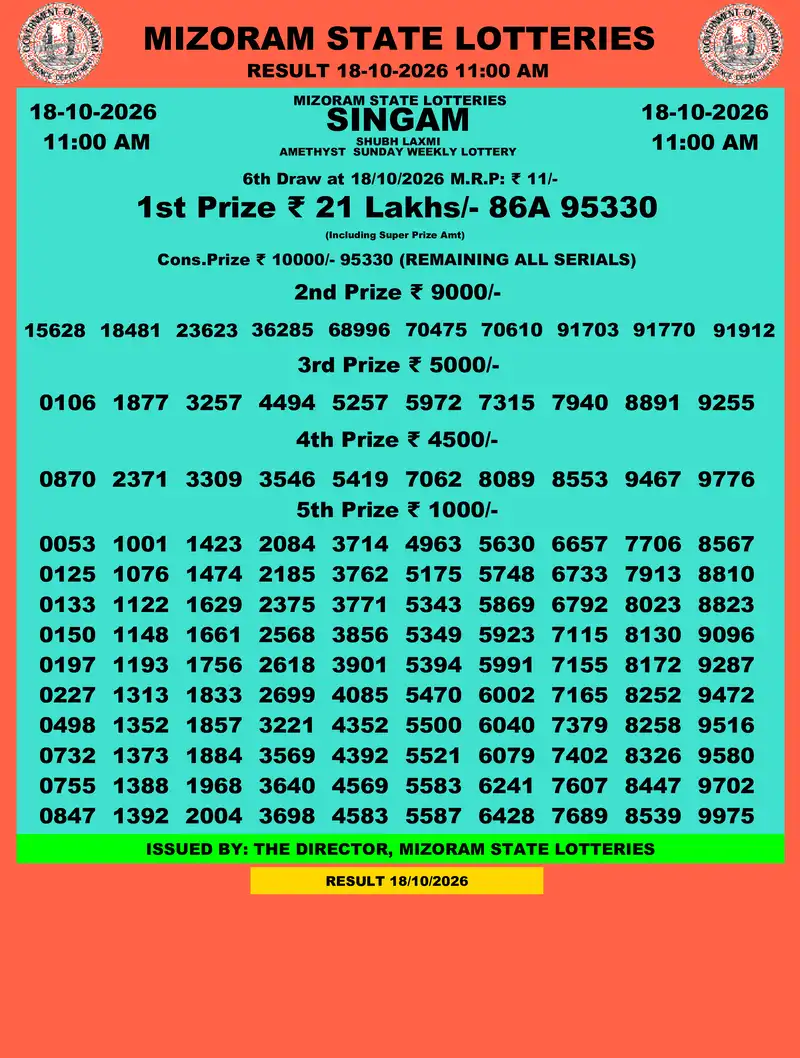 Singam Amethyst Shubh Laxmi Result 18 October 2026