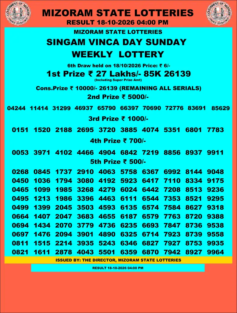 Singam Vinca Day Result 18 October 2026